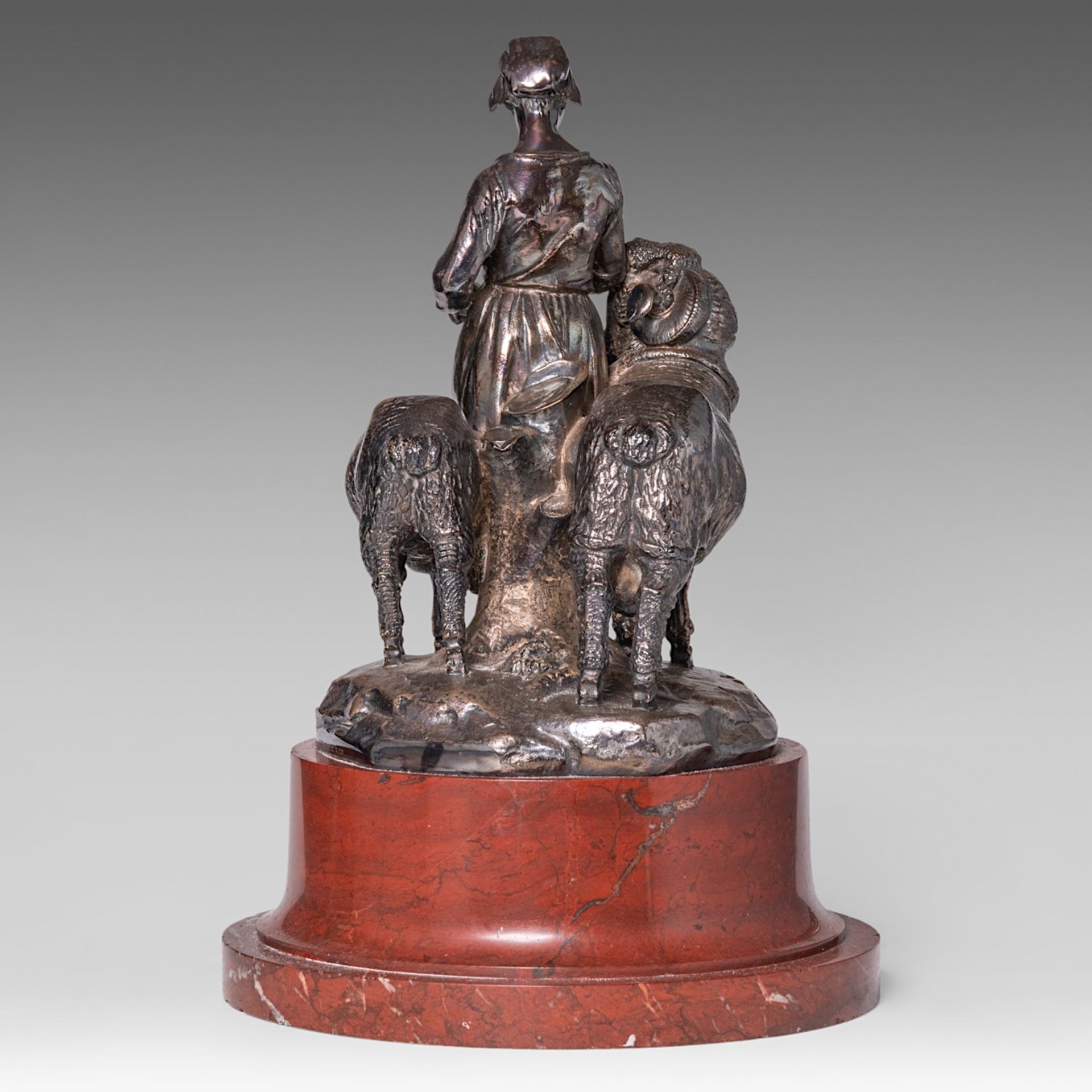 A silver-plated bronze group of a shepherdess with her sheep, cast by Christofle & Cie, 1885, H 41 c - Image 4 of 6