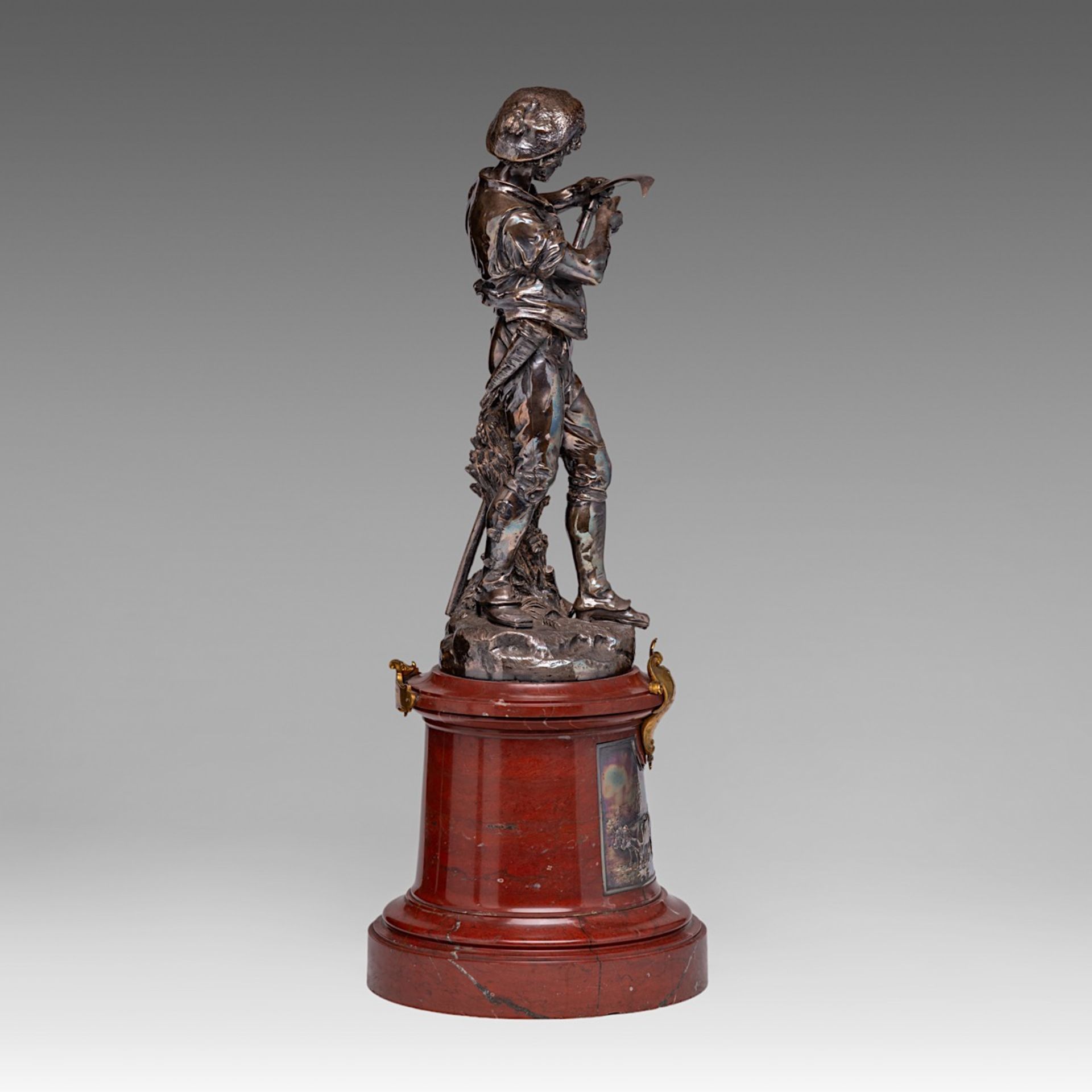 A silver-plated bronze sculpture of 'Le Faucheur', cast by Christofle & Cie, 1885, H 63 cm - Image 4 of 7