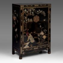 A Chinese lacquered cabinet, with semi-precious stone applications, 20thC H 122,5 - W 81,5 - D 41 cm