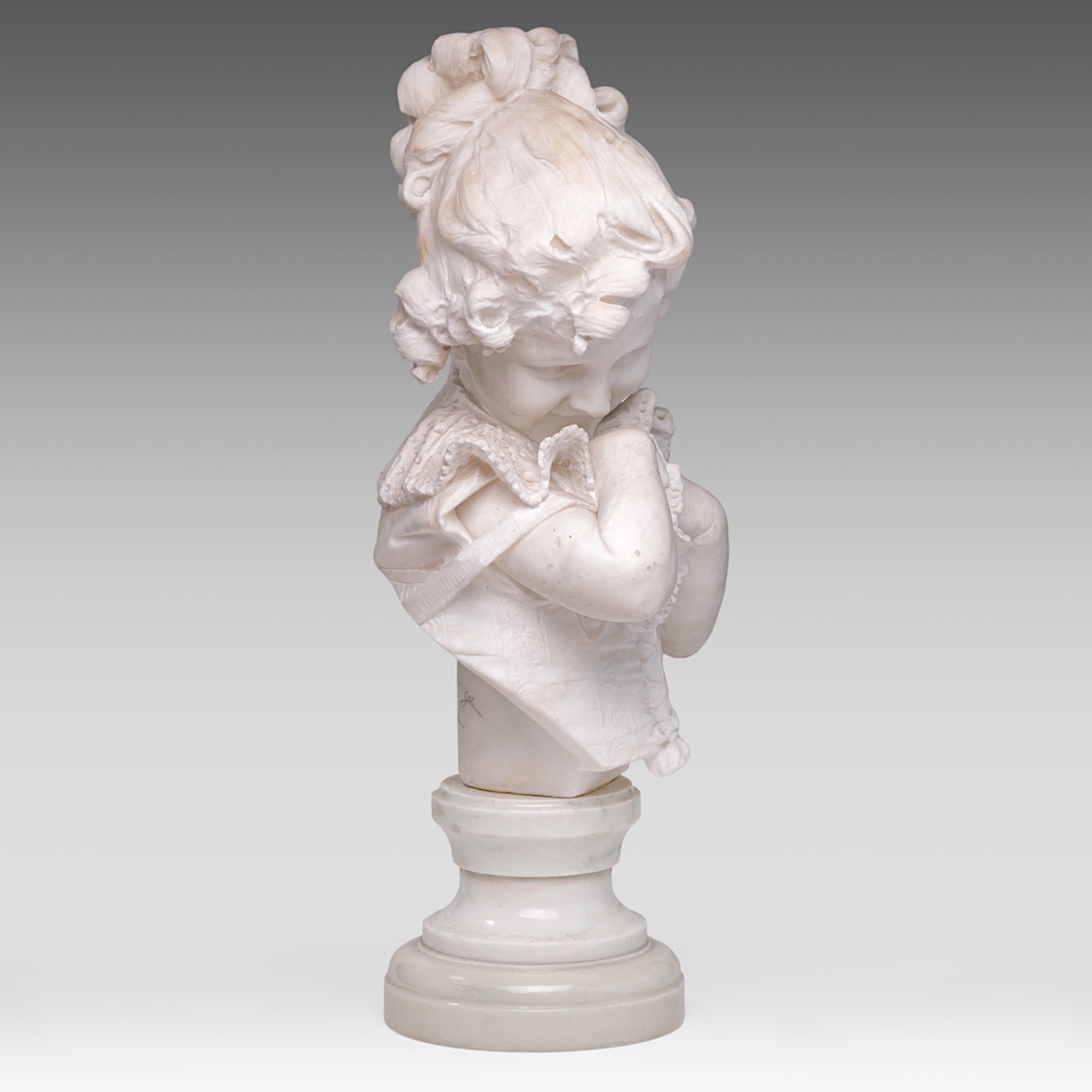 Studio of Pietro Bazzanti (1825-1895), the Carrara marble bust of a girl with a lacework collar, H 6 - Image 5 of 7