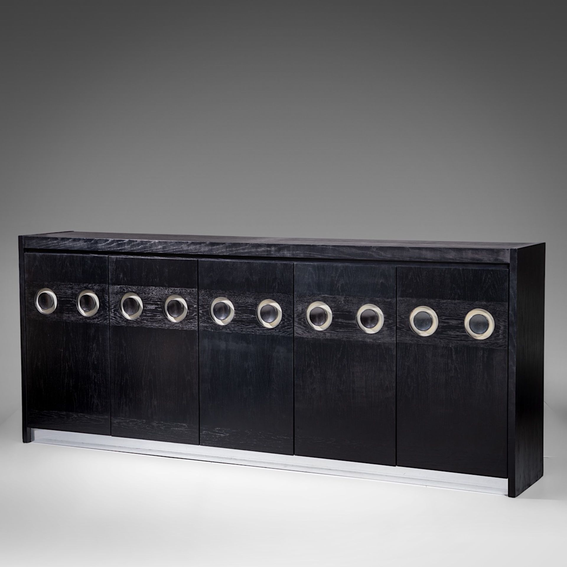 A large design black stained oak De Coene Brutalist sideboard, H 107,5 - W 259 - D 45,5 cm
