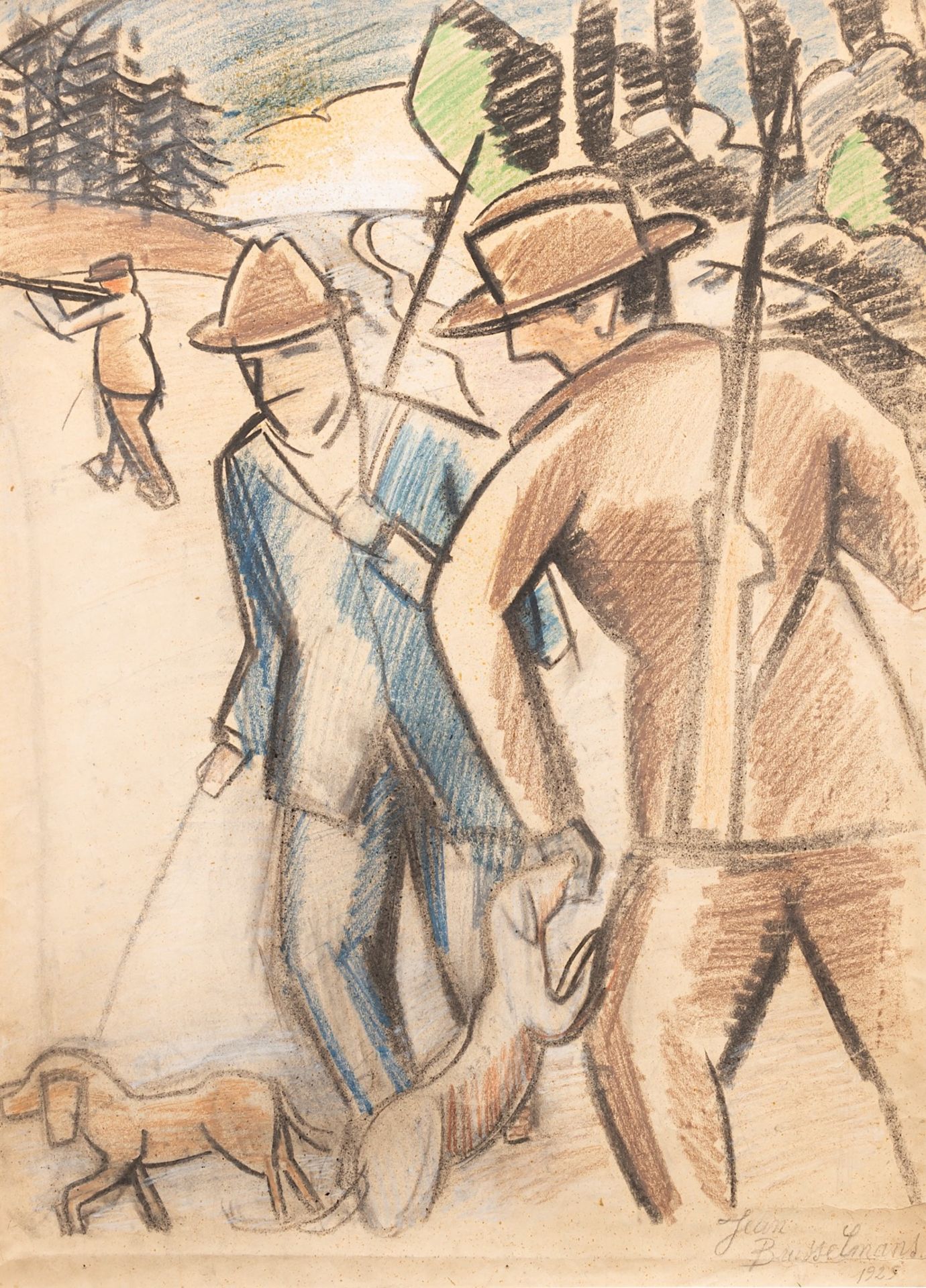 Jean Brusselmans (1884-1953), the hunters, 1925, pastel on paper, 55 x 75 cm