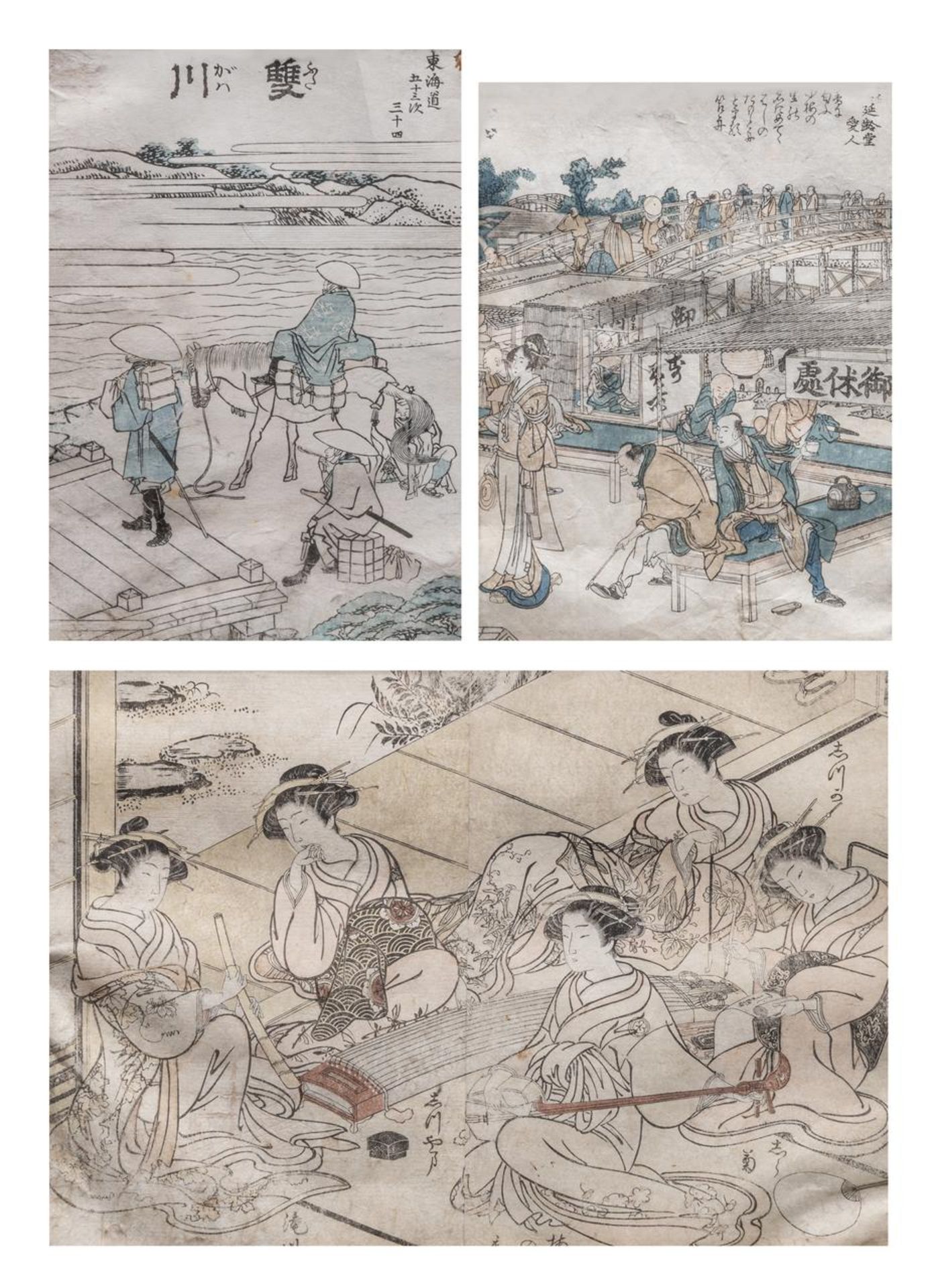 Three Japanese woodblock prints, one by Shunsho (1726-1792), framed