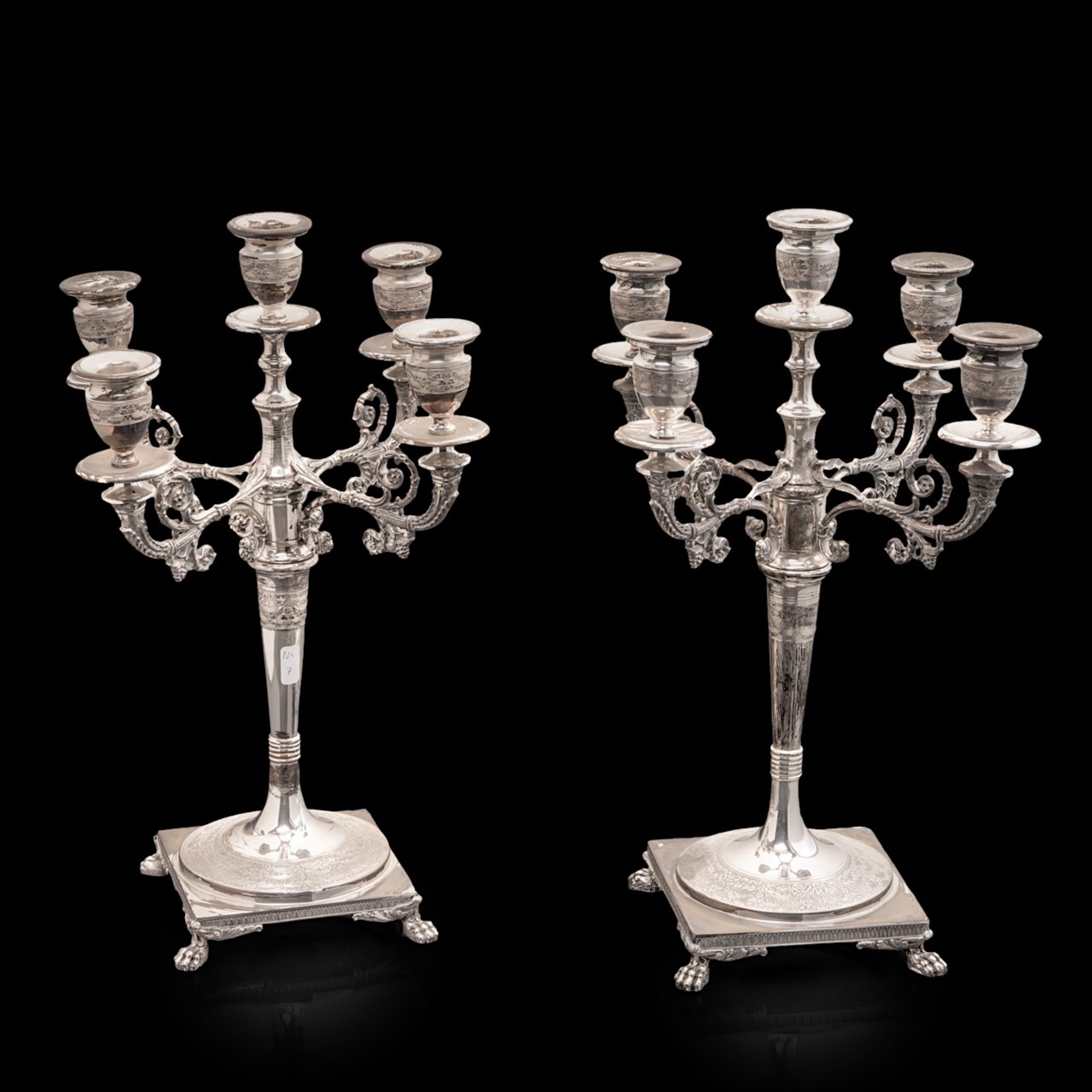 A pair of five-armed Neoclassical silver candelabras, 800/000, H 44 - 45 cm, total weight: 3539 g - Image 2 of 6