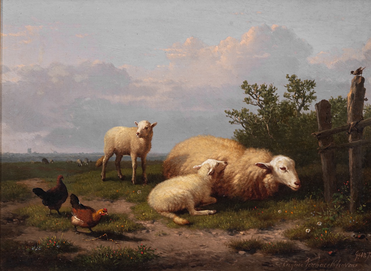 Eugene Verboeckhoven (1798-1881), Sheep and her lambs in the meadow, 1874, oil on panel 23 x 32 cm.