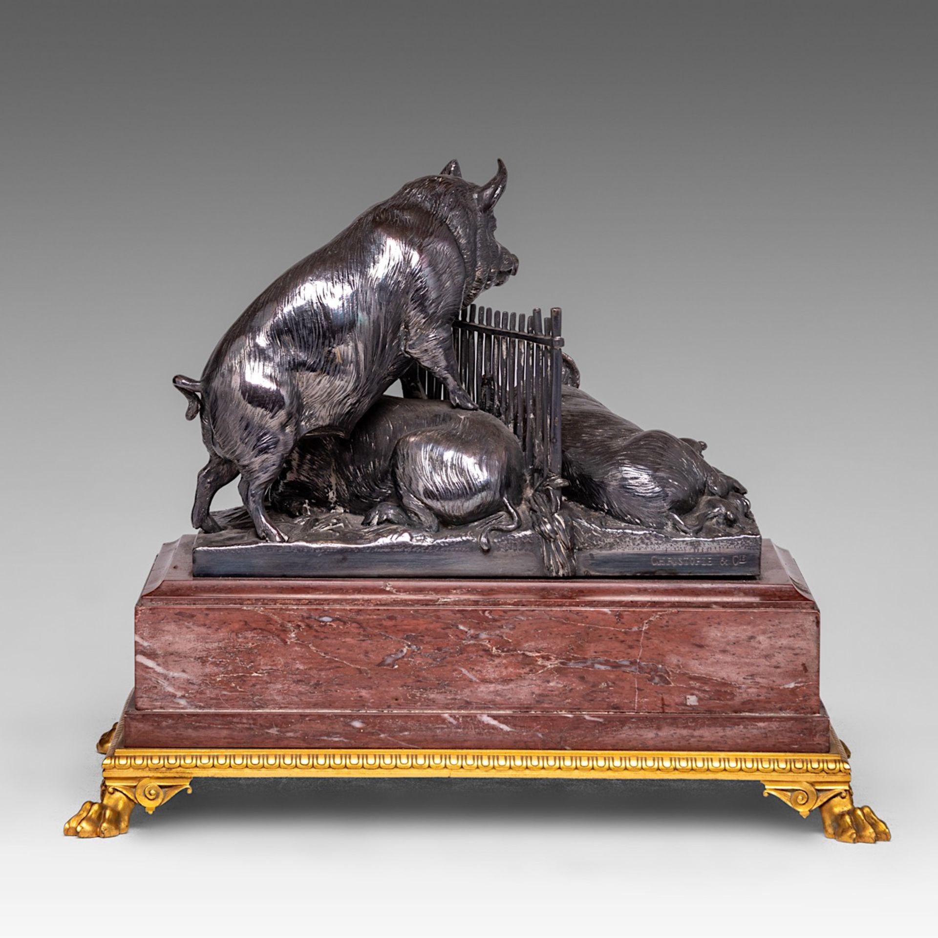 A silver-plated bronze group of three pigs, cast by Christofle & Cie, 1877, H 27,5 - W 33,5 cm - Image 4 of 6