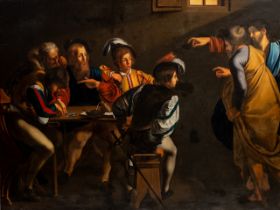 After Caravaggio's (1571-1610) 'The Calling of St Matthew', oil on canvas 123 x 164 cm. (48.4 x 64.5