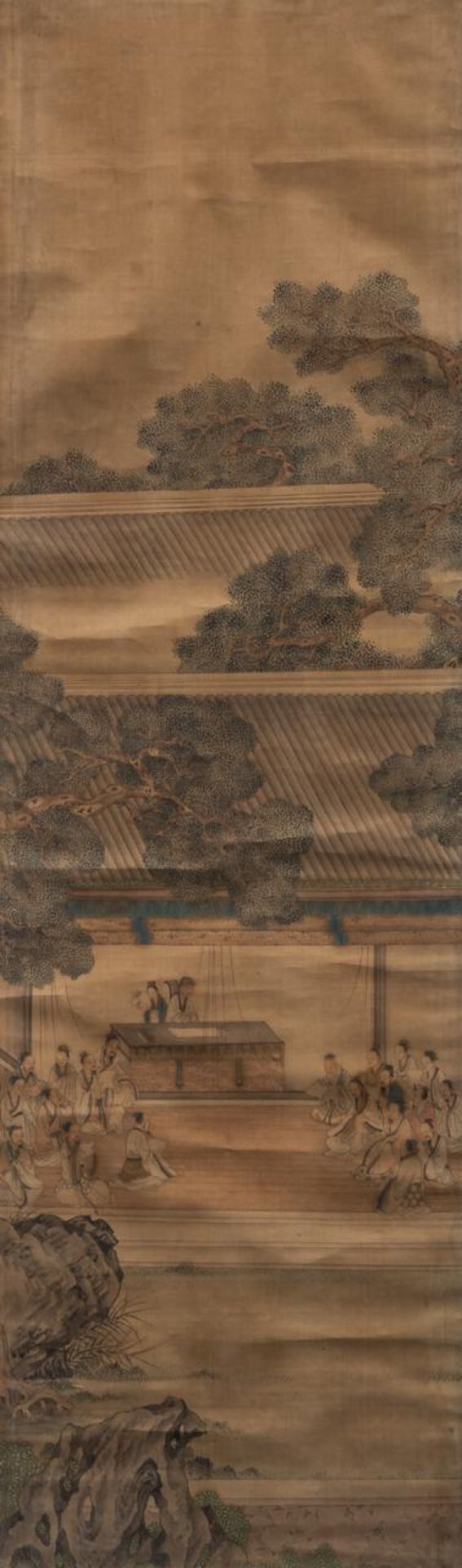 Two Chinese 'Scholars' paintings, colour on silk, framed, Qing dynasty, 60,5 x 154,5 cm (incl. frame - Image 5 of 13