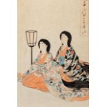 Two ukiyo-e prints, one by Chikanobu Yoshu, oban tate-e, framed 36 x 47 cm