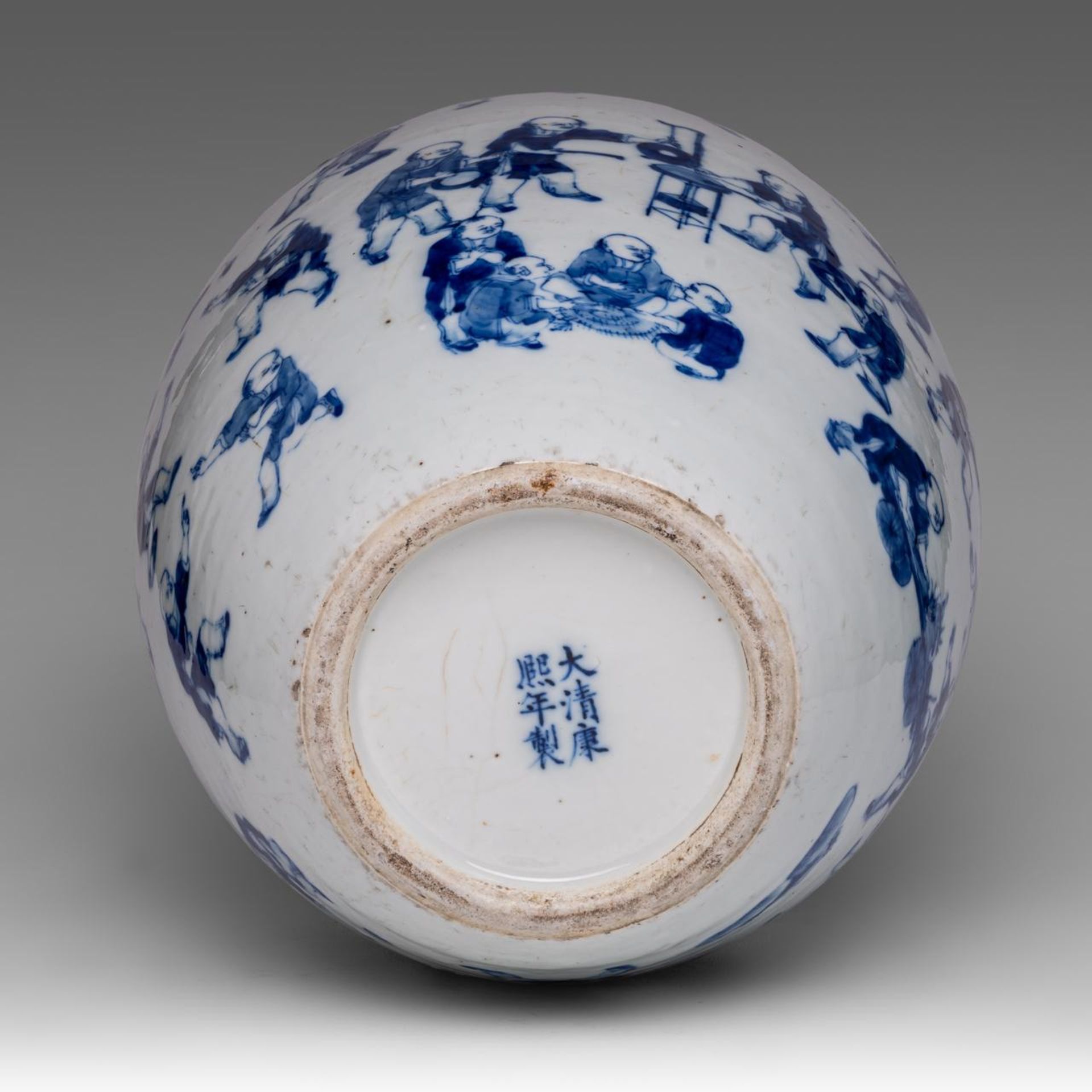A Chinese blue and white 'Hundred Boys Welcoming Spring' jar, with a Kangxi mark, late 19thC, H 37 c - Image 6 of 6