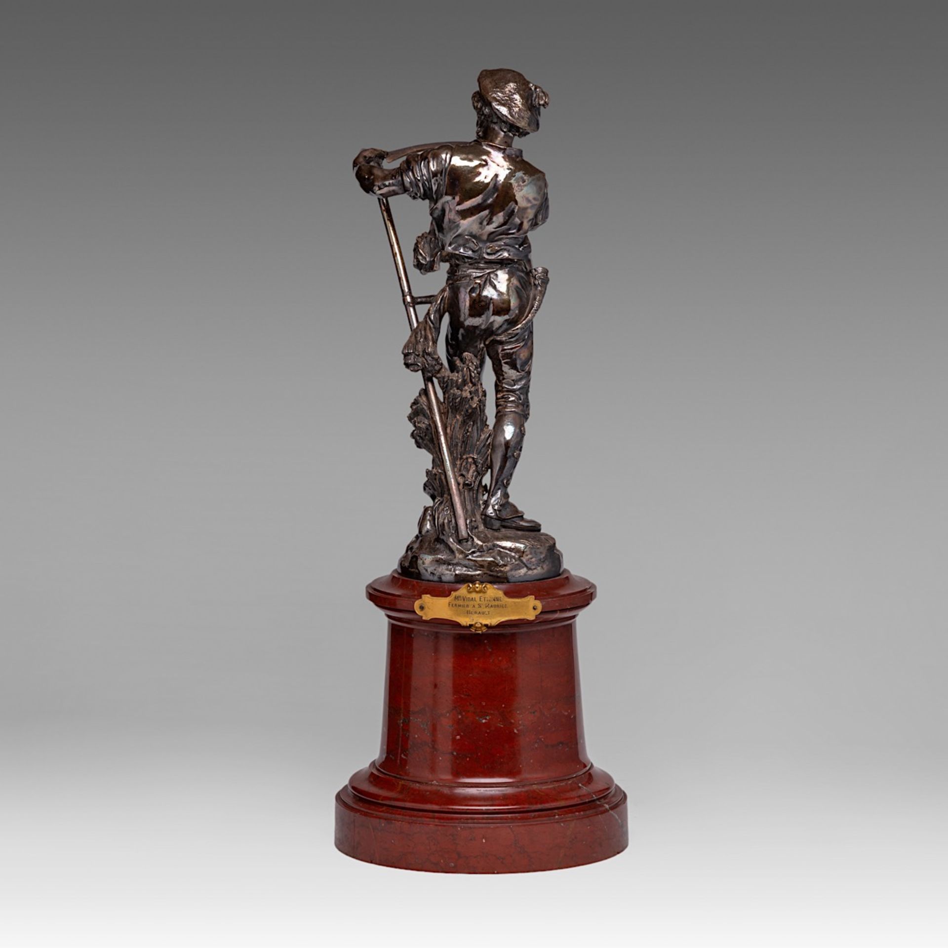 A silver-plated bronze sculpture of 'Le Faucheur', cast by Christofle & Cie, 1885, H 63 cm - Image 3 of 7