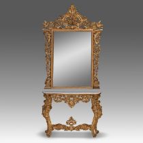 A large Italian Louis XV-style gilded console and mirror, H console 96,5 - H mirror 194 cm - W 130 -