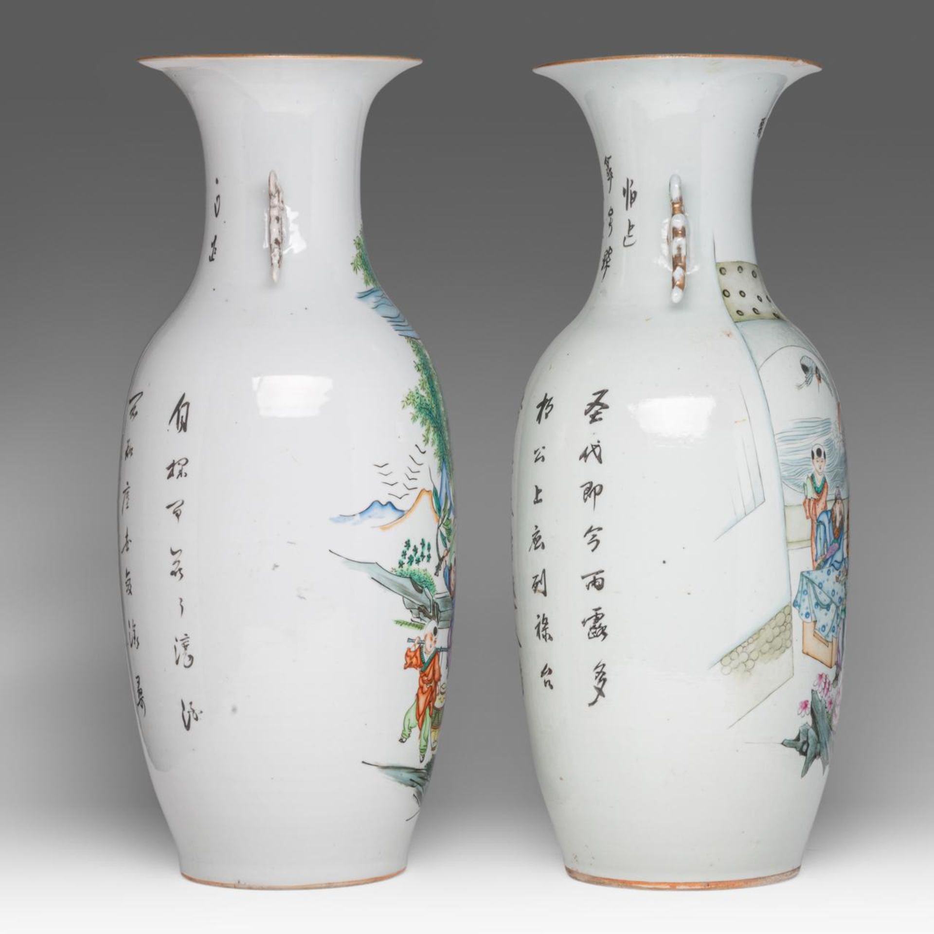 Two Chinese famille rose vases, both with a signed text, Republic period, H 58 cm - Image 4 of 6