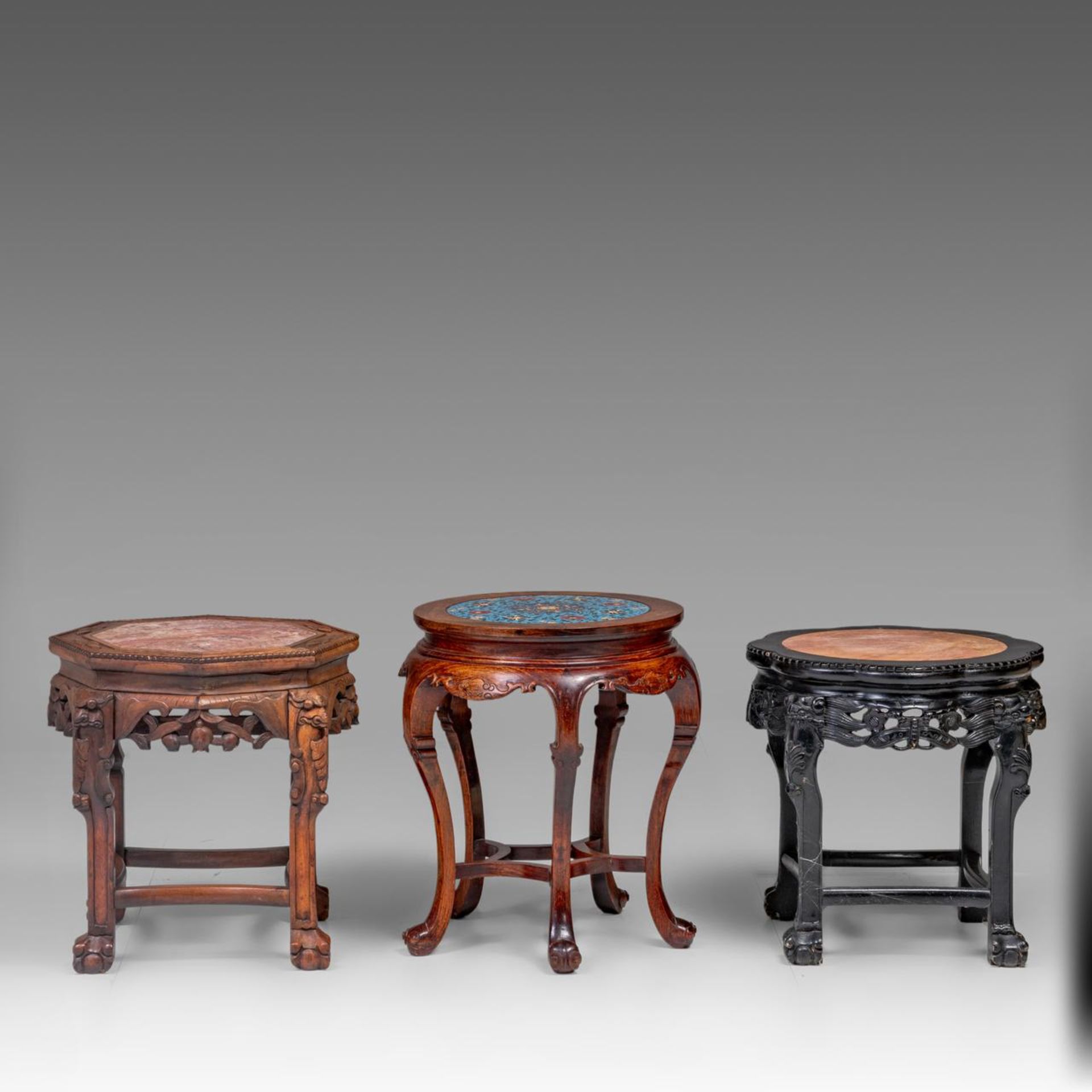 Three Chinese carved hardwood bases, two including a marble top, one with a cloisonne enamelled plaq - Image 3 of 9
