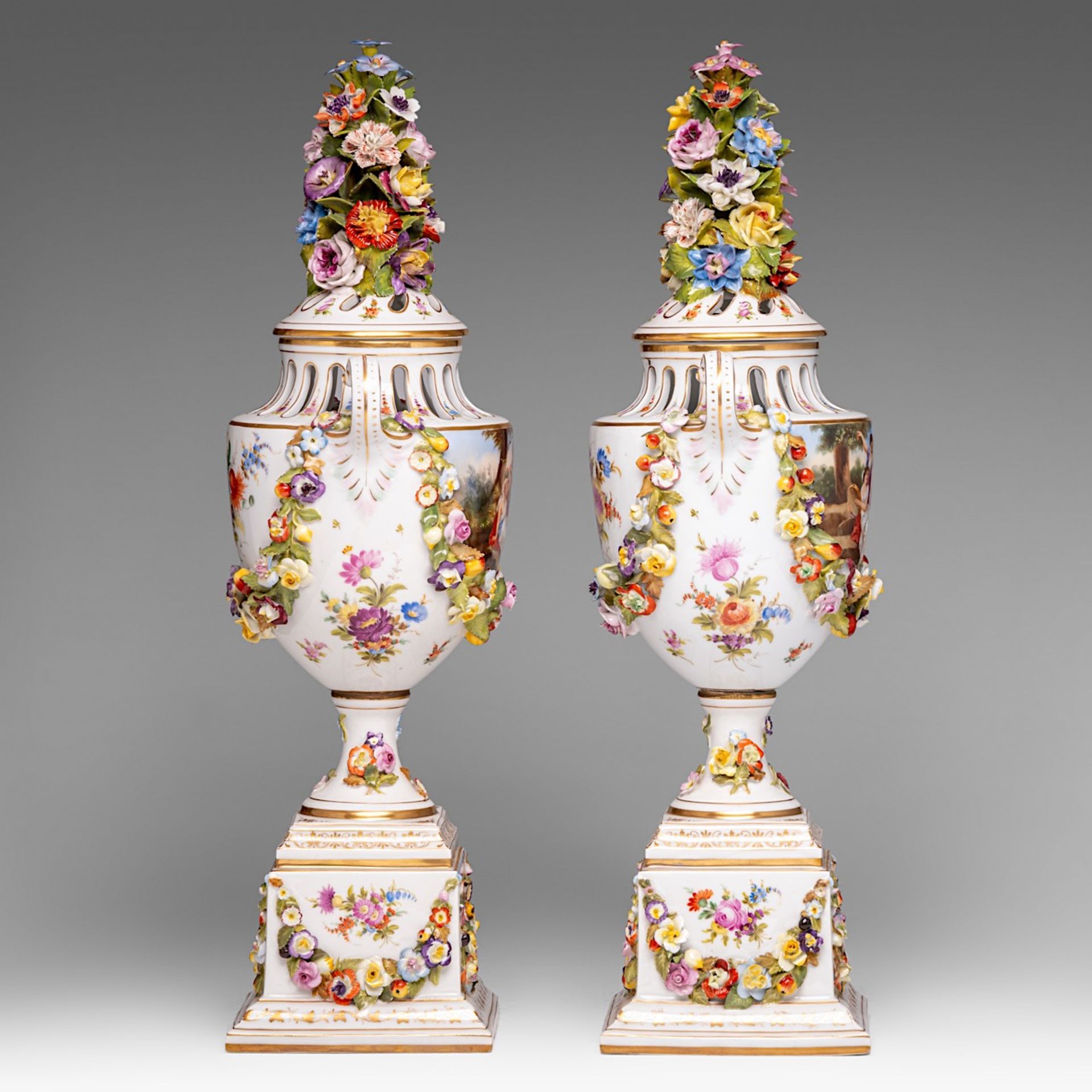 A pair of Saxony porcelain urns, with hand-painted roundels and flower relief decoration, marked Aug - Image 4 of 12
