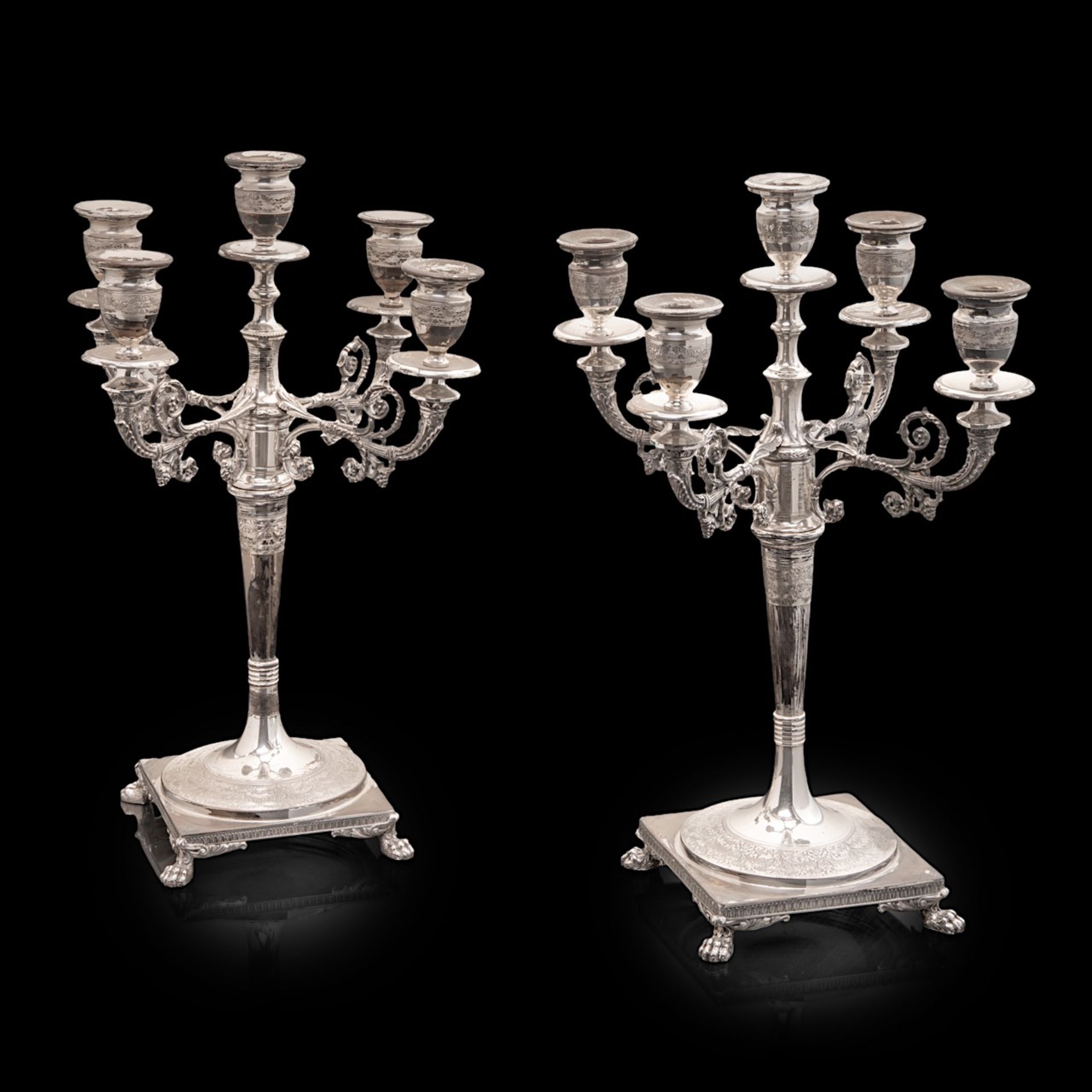 A pair of five-armed Neoclassical silver candelabras, 800/000, H 44 - 45 cm, total weight: 3539 g - Image 4 of 6