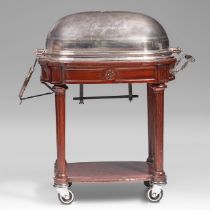 A mahogany Art Deco style Christofle silver-plated hotel serving trolley, so-called 'Rechaud/ bain m