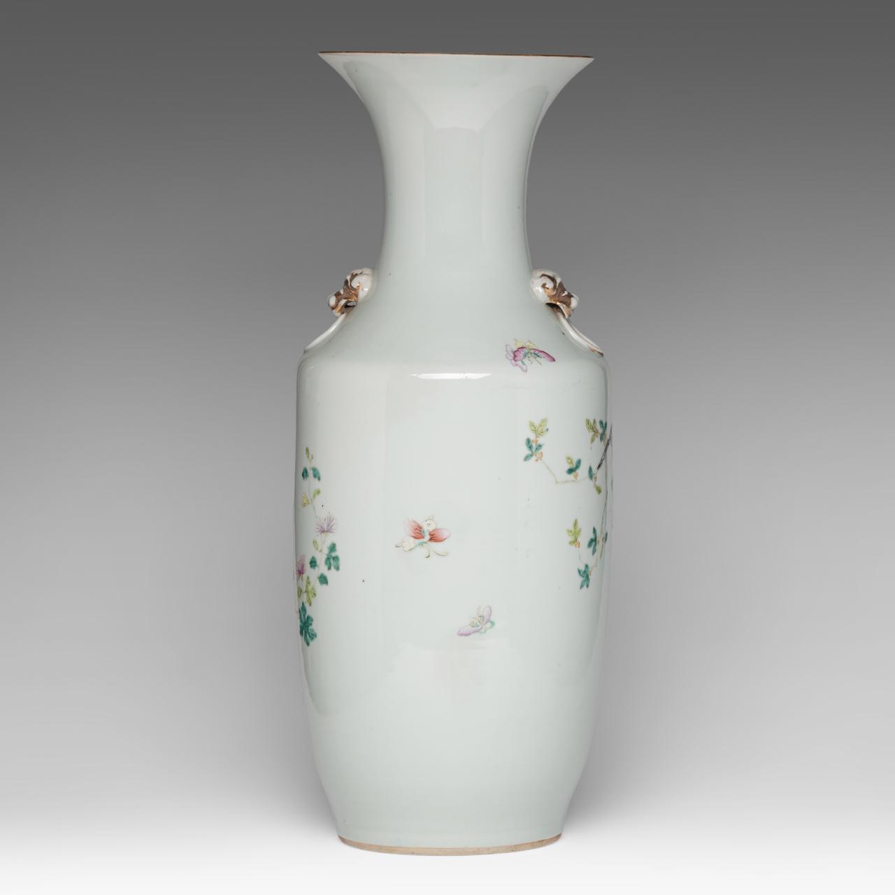 A Chinese famille rose 'Flower garden' vase, paired with lion head handles, late 19thC, H 57,8 cm - Image 3 of 6