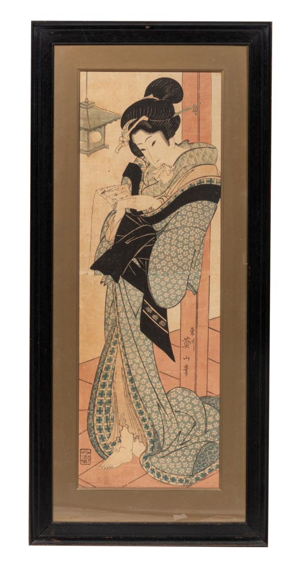 A Japanese woodblock print by Eizan, a courtesan reading a love letter, 1787-1867, framed 90,5x41,5 - Image 2 of 6