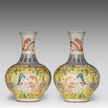 A pair of Chinese famille jaune 'Dragon and Phoenix' tianqiuping bottle vases, late 19thC, H 57 cm