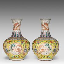 A pair of Chinese famille jaune 'Dragon and Phoenix' tianqiuping bottle vases, late 19thC, H 57 cm