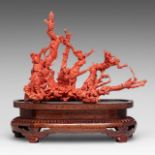 A finely carved Chinese red coral 'Female Heroes' group, late Qing, H 25 - L 34 cm (coral only) - fi