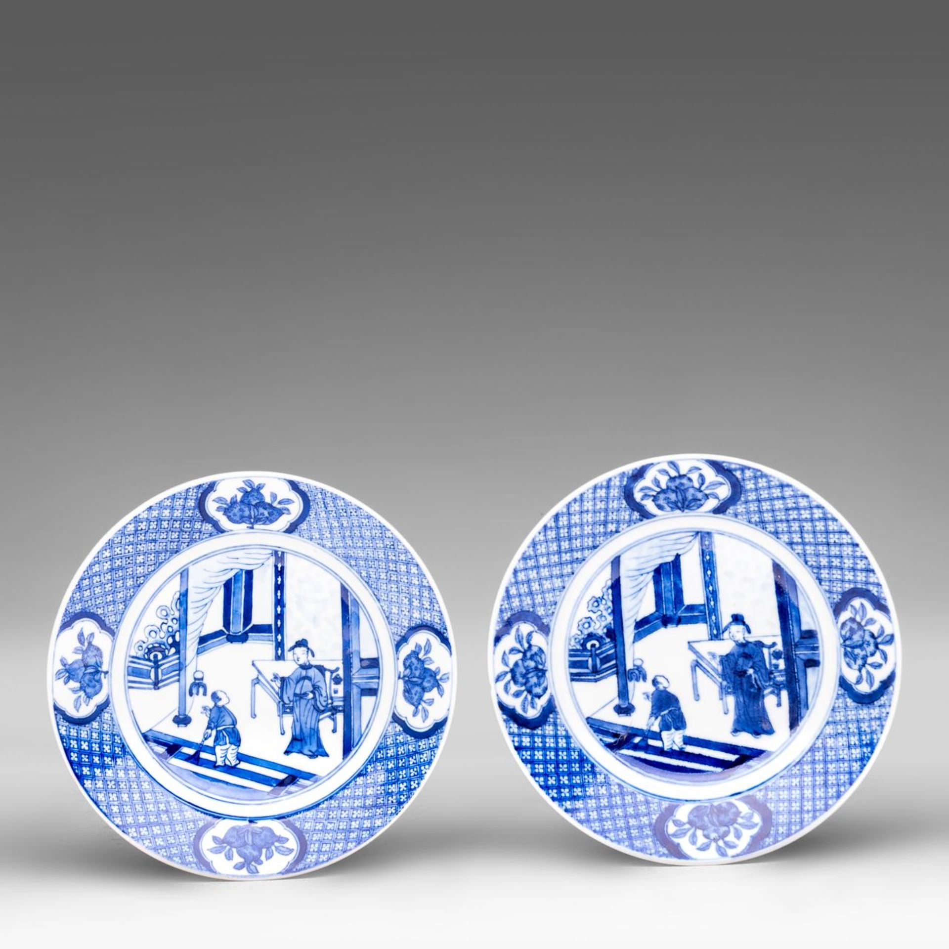 A series of four Chinese Kangxi style blue and white 'Scholars at a chamber' dishes, with a Chenghua - Image 2 of 5