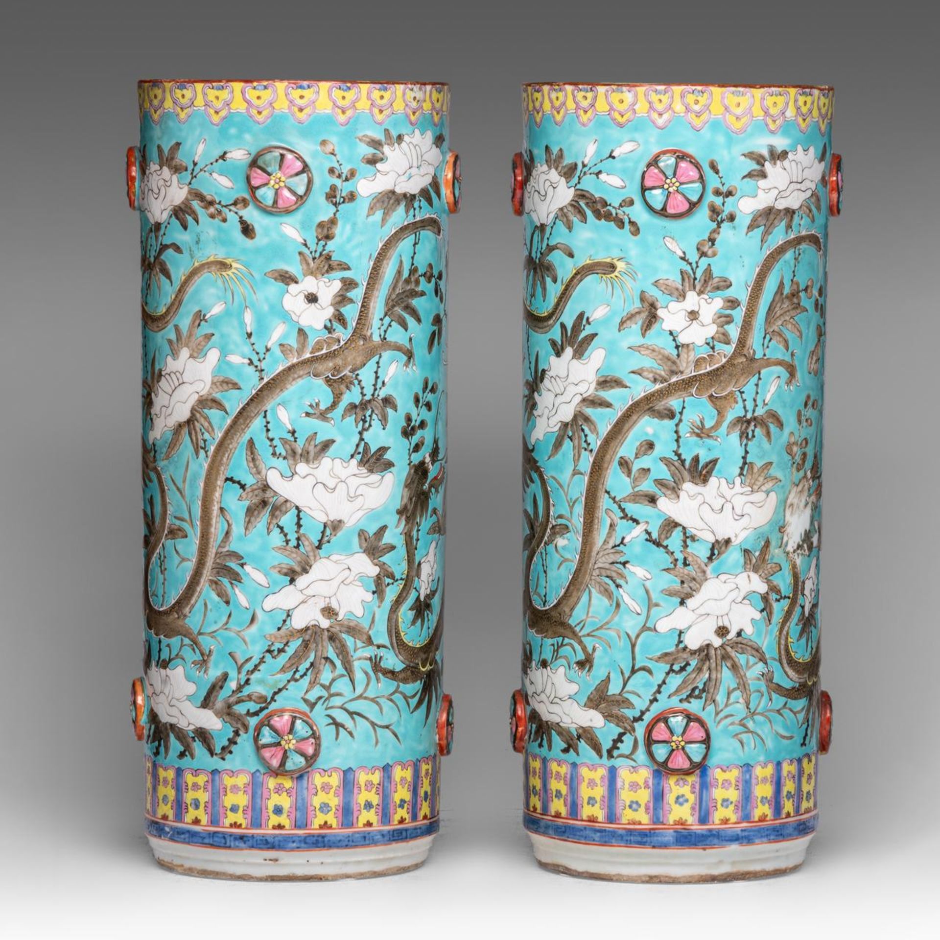 A pair of Chinese Dayazai style turquoise ground 'Dragons amongst Blossoms' umbrella stands, late 19 - Image 3 of 6