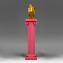 William Sweetlove (1949), 'Clowned golden penguin with pet bottle', recycled plastic gold paint, H.C
