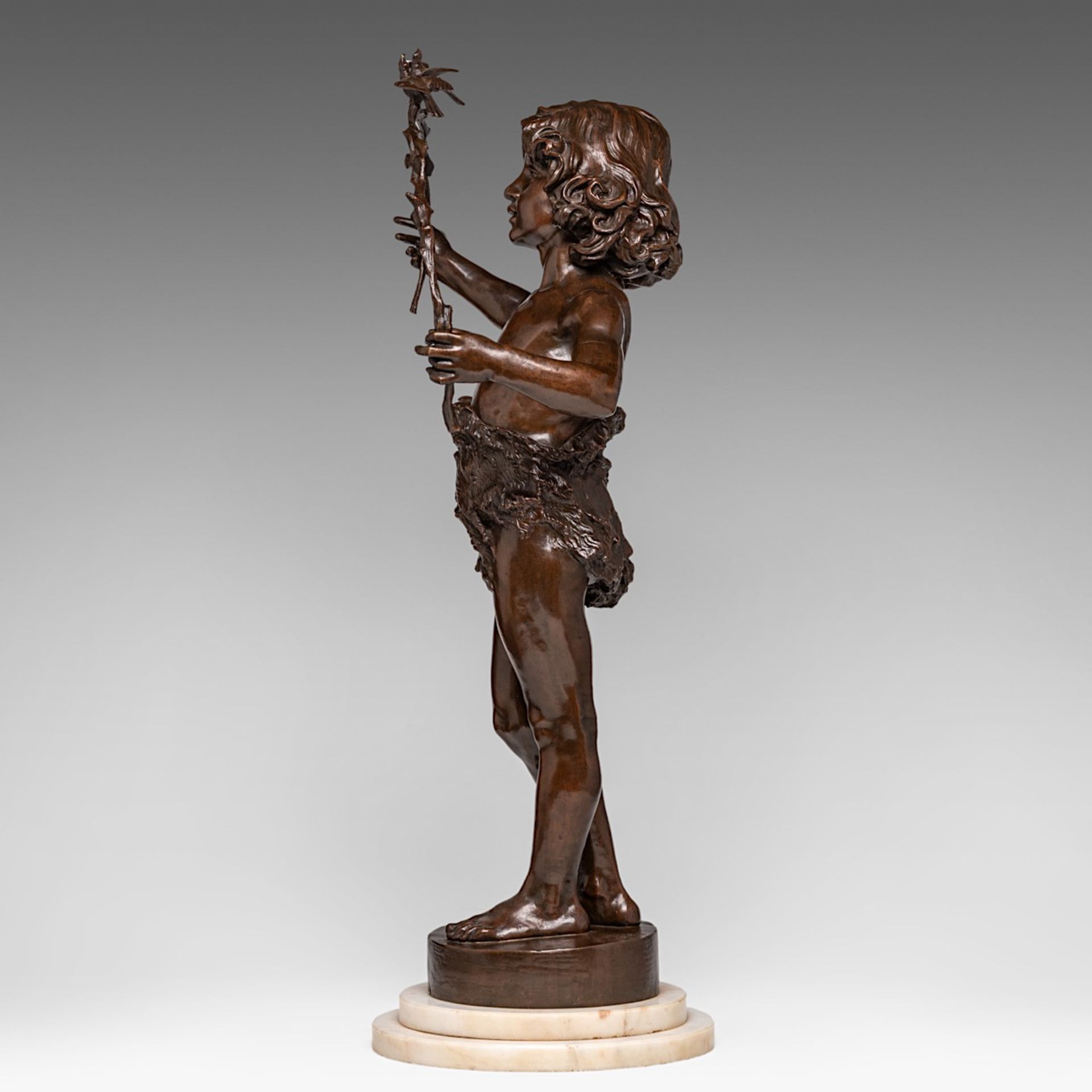 Marcel Debut (1865-1933), boy playing with birds, patinated bronze, H 70 cm - Image 3 of 6