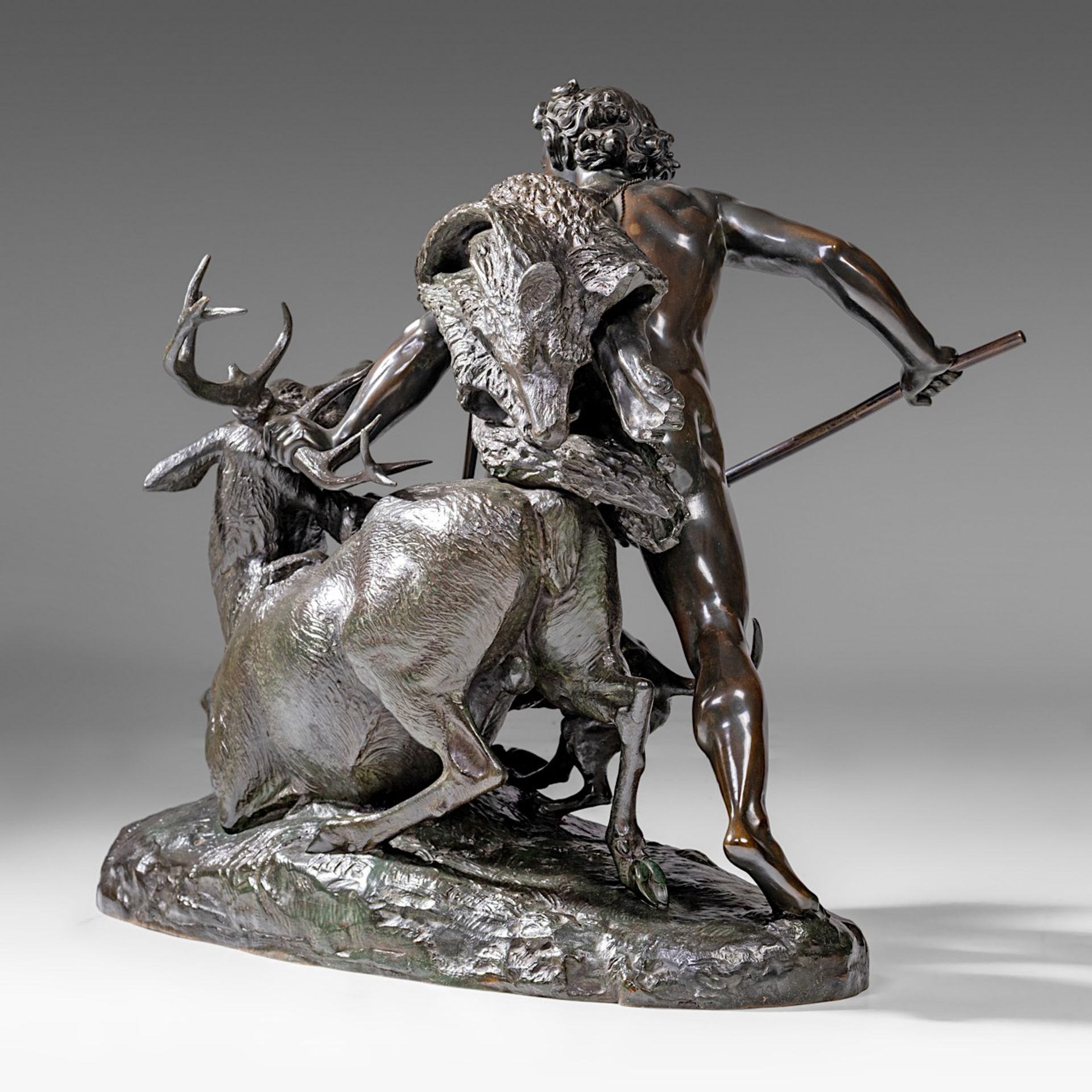 Jean-Baptiste II Debay (1802-1862), 'Le Genie de la Chasse', dark patinated bronze, H 66 - W 74 cm - Image 7 of 13