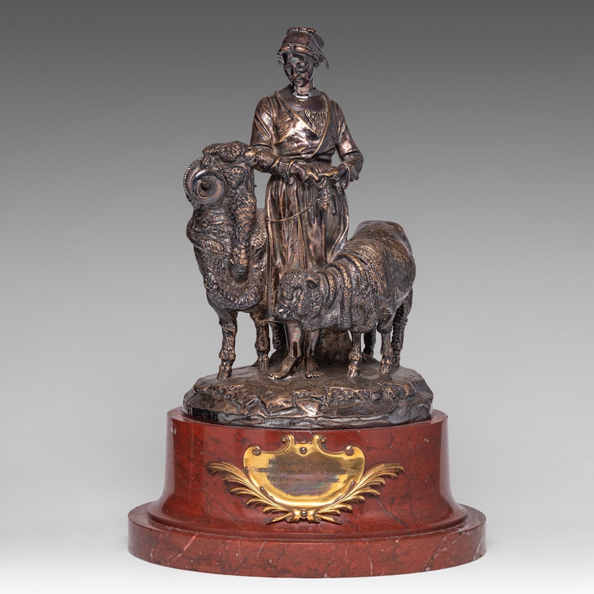 A silver-plated bronze group of a shepherdess with her sheep, cast by Christofle & Cie, 1885, H 41 c - Image 2 of 6