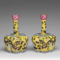 A pair of Chinese Dayazai style yellow ground 'Dragons amongst flower branches' tulip vases, late 19