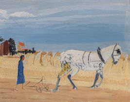 Hubert Malfait (1898-1971), female farmer ploughing the field with horse, oil on panel 40 x 50 cm. (
