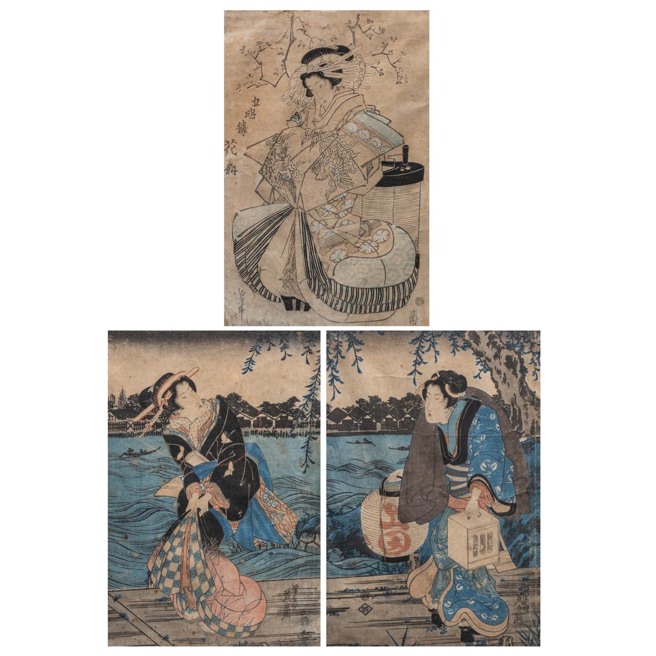 Three Japanese woodblock prints by Keisai Eisen (1790-1848) of beautiful women (bijin-ga)