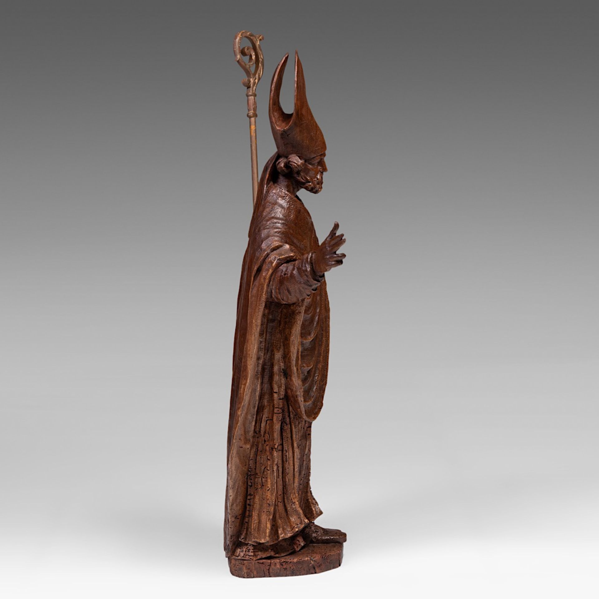 An 18thC carved oak sculpture of a bishop making his blessing, H 110 cm - Image 5 of 6