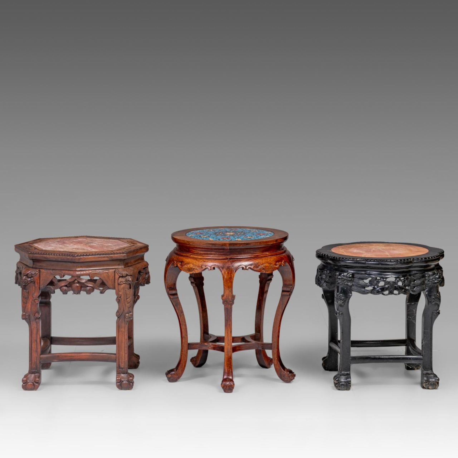 Three Chinese carved hardwood bases, two including a marble top, one with a cloisonne enamelled plaq - Image 7 of 9