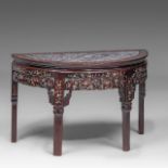 A Chinese carved rosewood crescent side table, marble top, mother-of-pearl inlaid, 19thC, H 61 - W 9