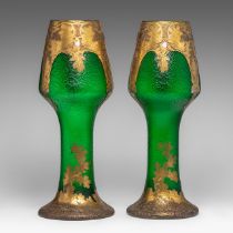 A fine pair of Art Nouveau imperial green glass vases, by Legras & Cie and Montjoye, H 50 cm