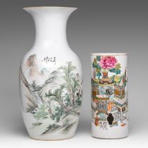 A Chinese Qianjiangcai 'Mountainous landscape' vase and a 'One Hundred Treasures' hat stand, both wi
