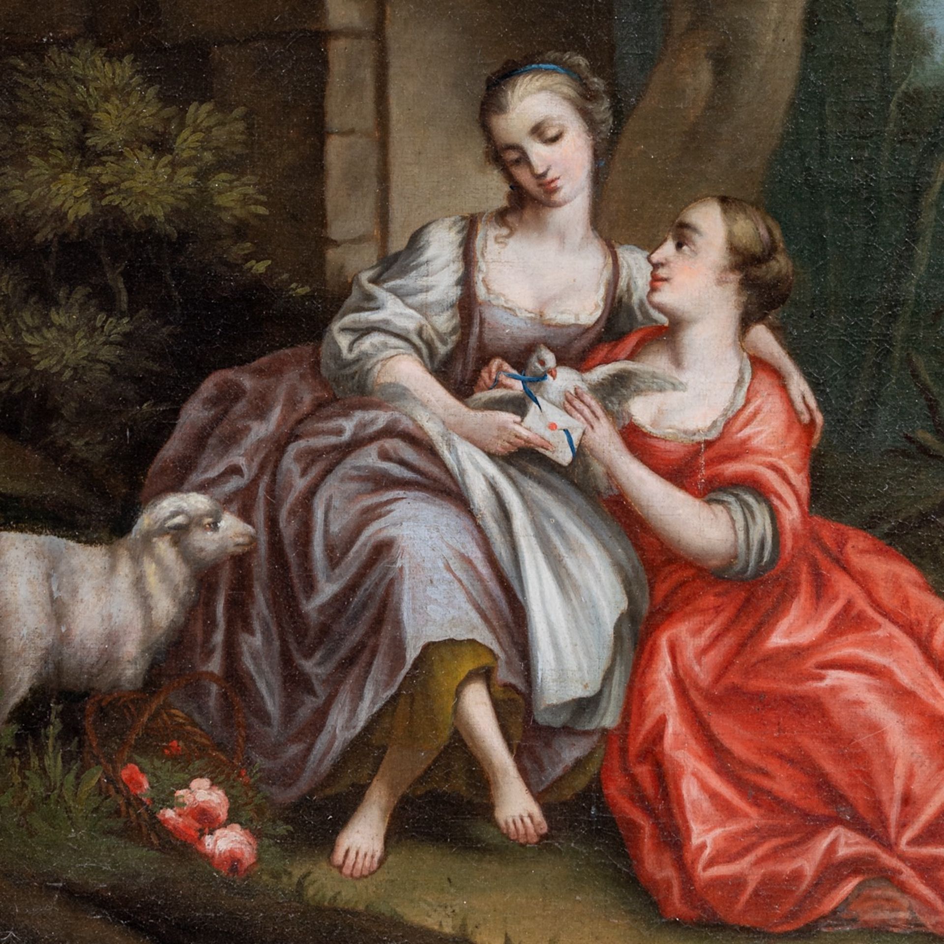 Two gallant ladies reading a love letter in a garden setting with sheep, 18th/19thC, French School, - Image 4 of 5