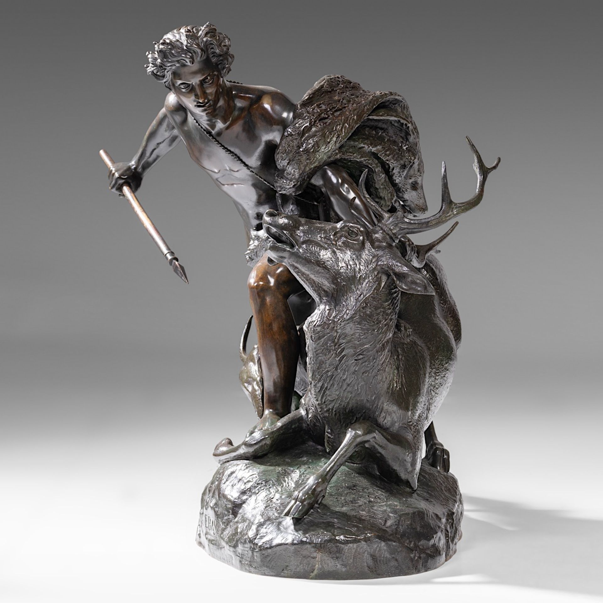 Jean-Baptiste II Debay (1802-1862), 'Le Genie de la Chasse', dark patinated bronze, H 66 - W 74 cm - Image 4 of 13