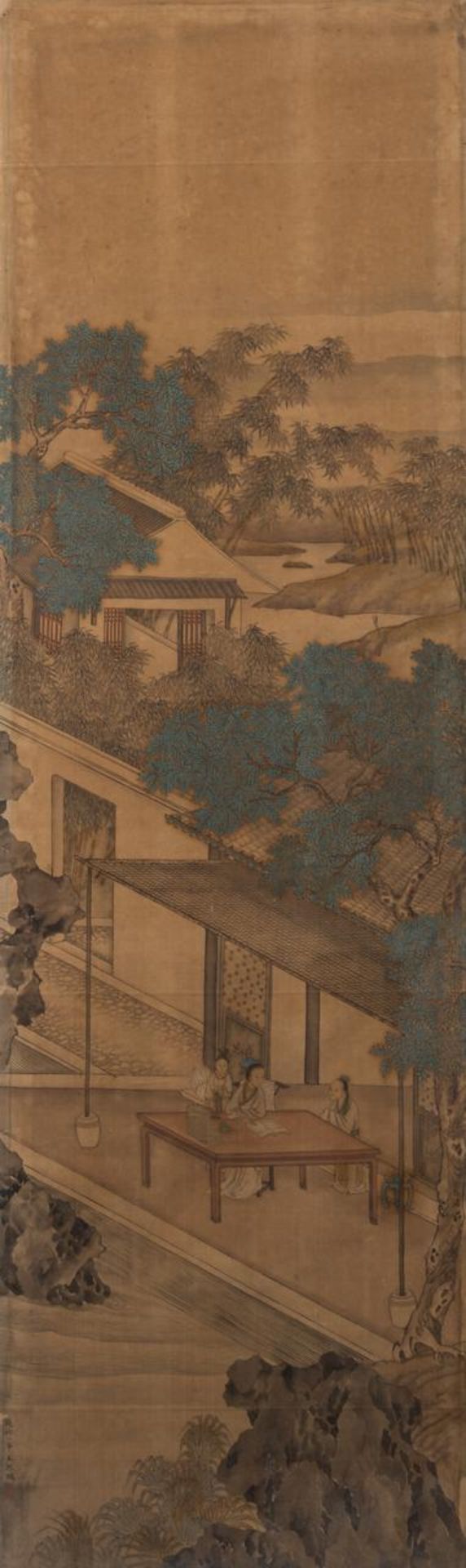 Two Chinese 'Scholars' paintings, colour on silk, framed, Qing dynasty, 60,5 x 154,5 cm (incl. frame - Image 2 of 13