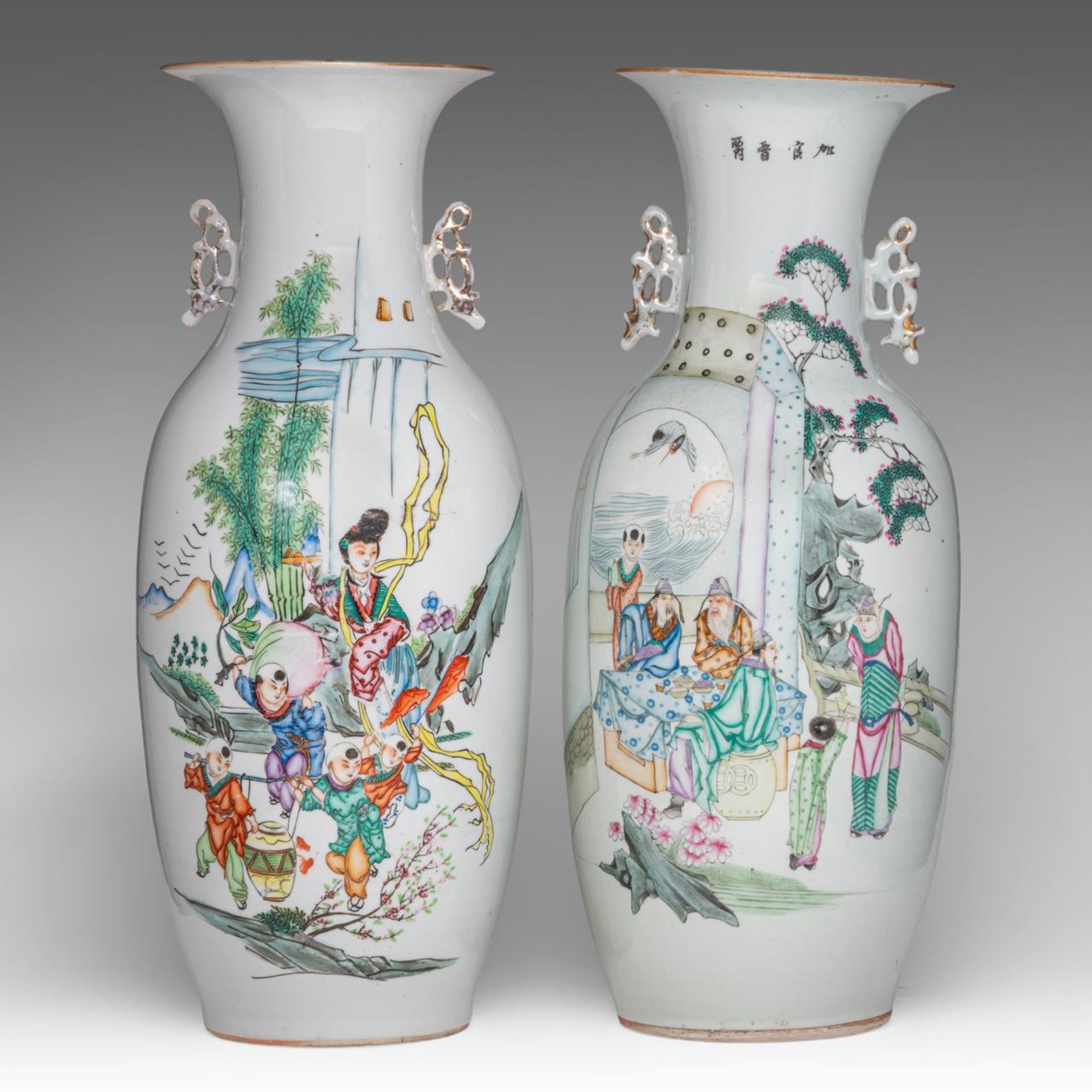 Two Chinese famille rose vases, both with a signed text, Republic period, H 58 cm