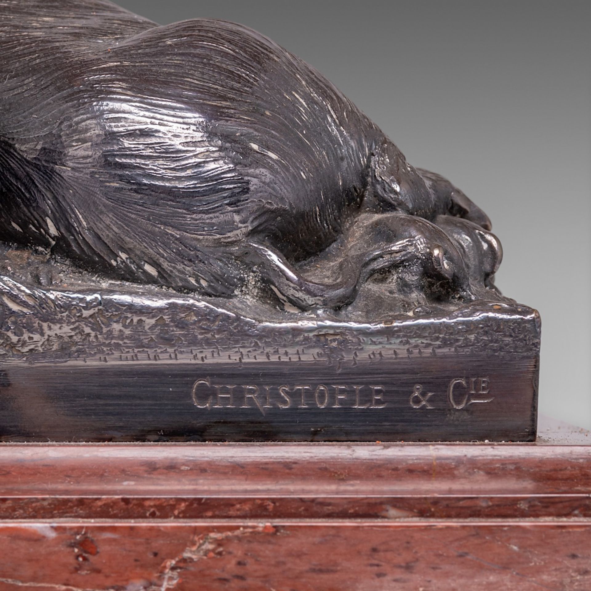 A silver-plated bronze group of three pigs, cast by Christofle & Cie, 1877, H 27,5 - W 33,5 cm - Image 6 of 6