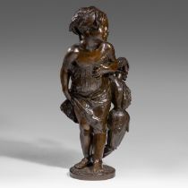 Frans Joris (1851-1914), girl with harlequin puppet, patinated bronze, H 87 cm