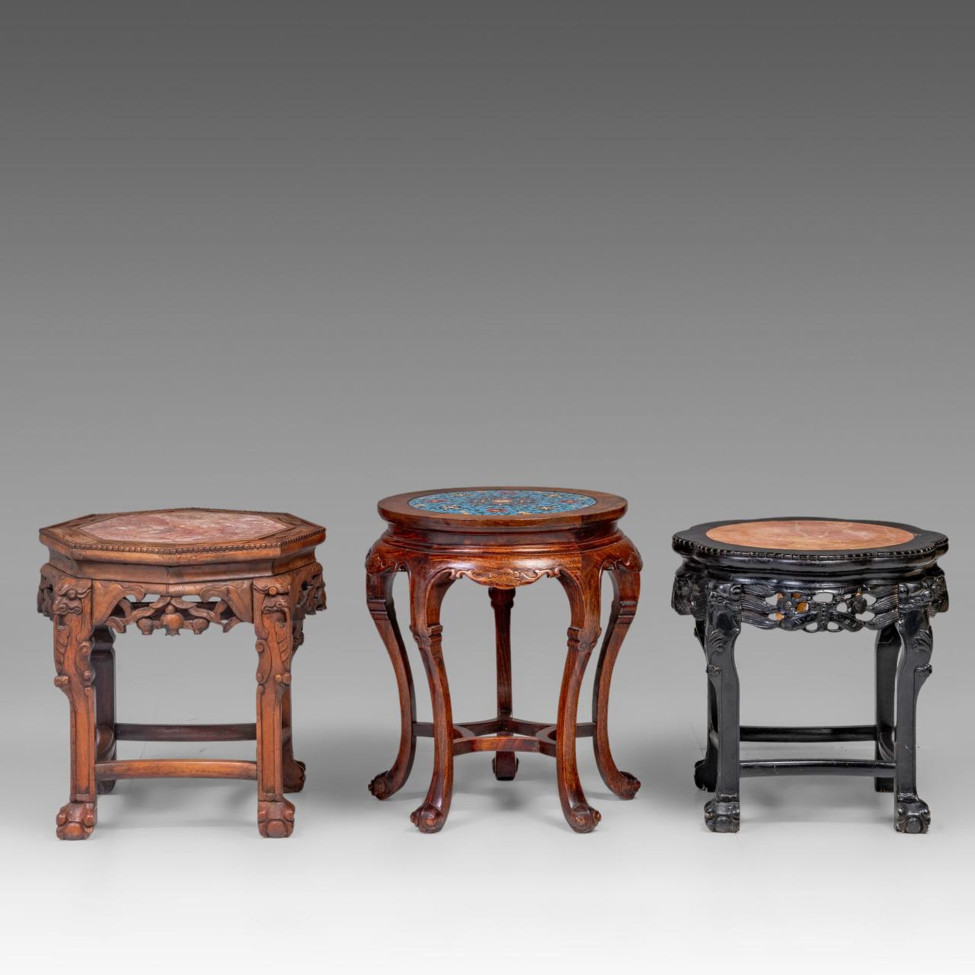 Three Chinese carved hardwood bases, two including a marble top, one with a cloisonne enamelled plaq - Image 5 of 9