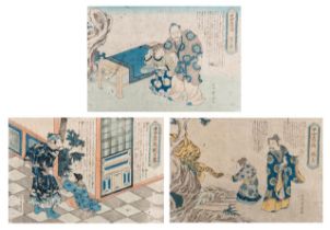 Shigeharu, three woodblock prints from the same series, oban yoko-e, all framed 35,5 x 50 cm