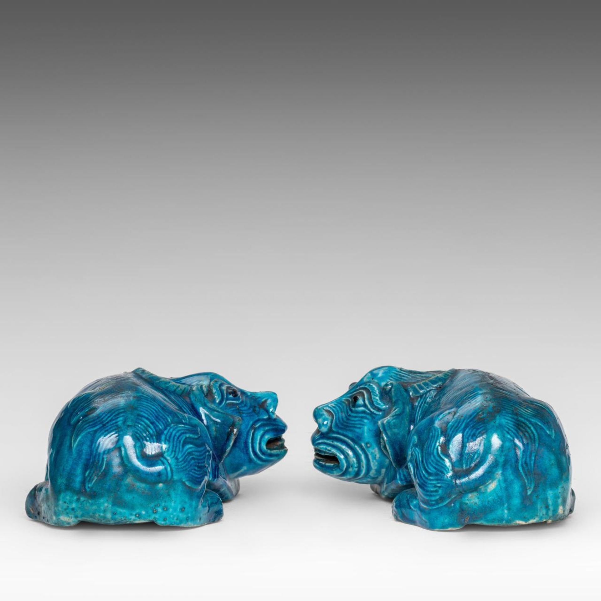 A pair of Chinese turquoise glazed ceramic figures of a recumbent water buffalo, mid-late Qing, L 20 - Image 6 of 8