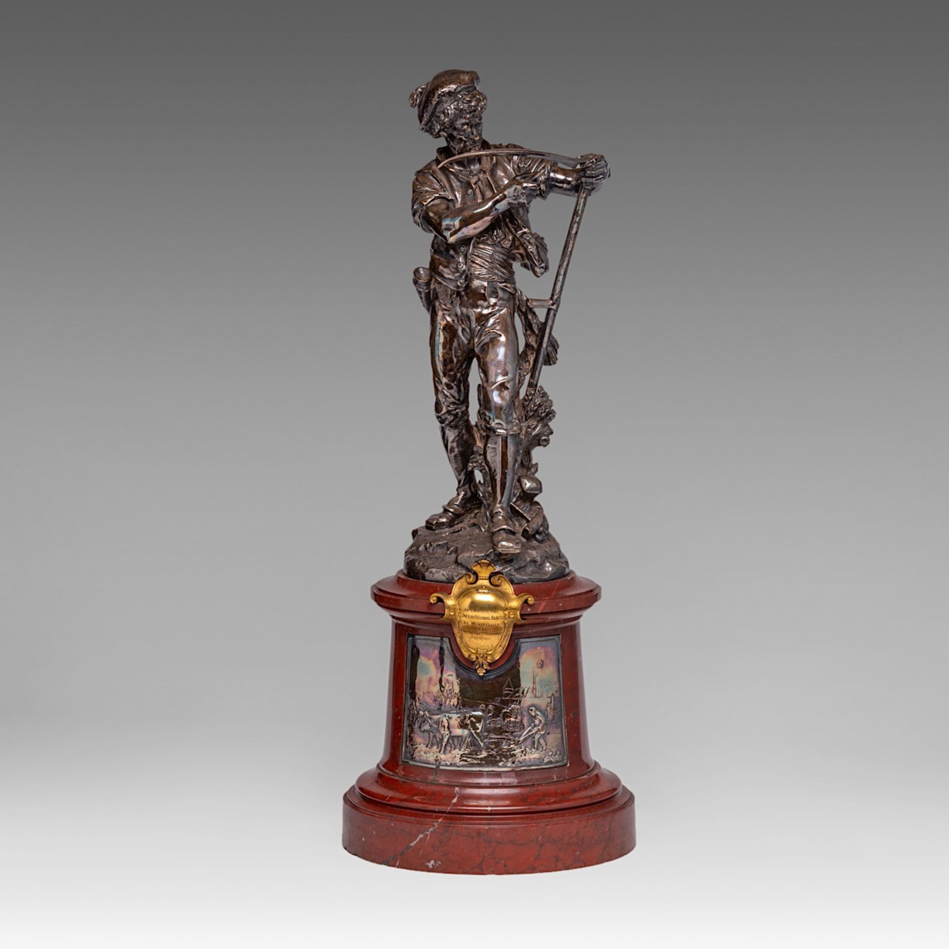 A silver-plated bronze sculpture of 'Le Faucheur', cast by Christofle & Cie, 1885, H 63 cm